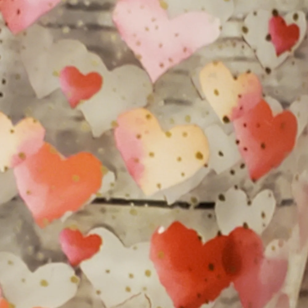 Clear glass vase with hearts and gold metallic dots red, pink, peach large
